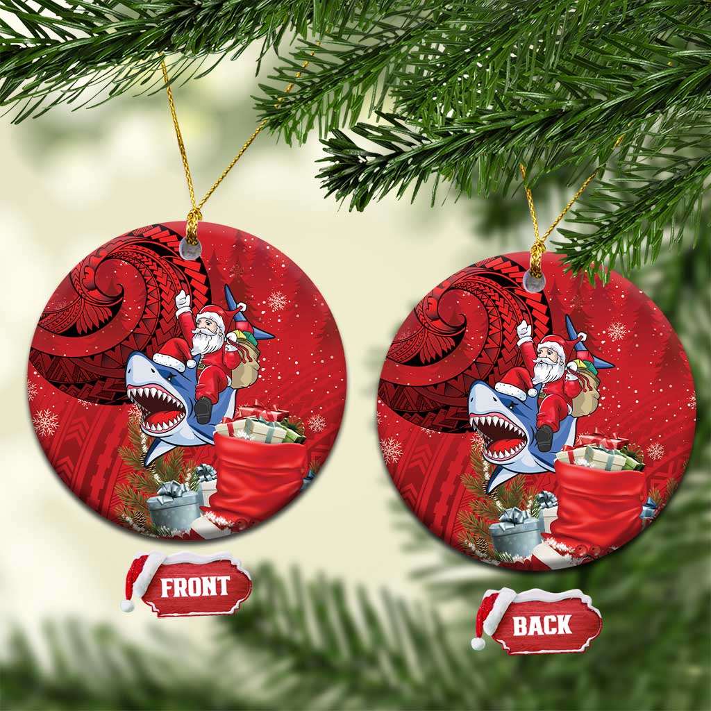 Funny Santa Riding Shark Ceramic Ornament Polynesian Tribal Christmas Spirit - Polynesian Pride