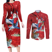 Funny Santa Riding Shark Couples Matching Long Sleeve Bodycon Dress and Long Sleeve Button Shirt Polynesian Tribal Christmas Spirit LT9 Red - Polynesian Pride