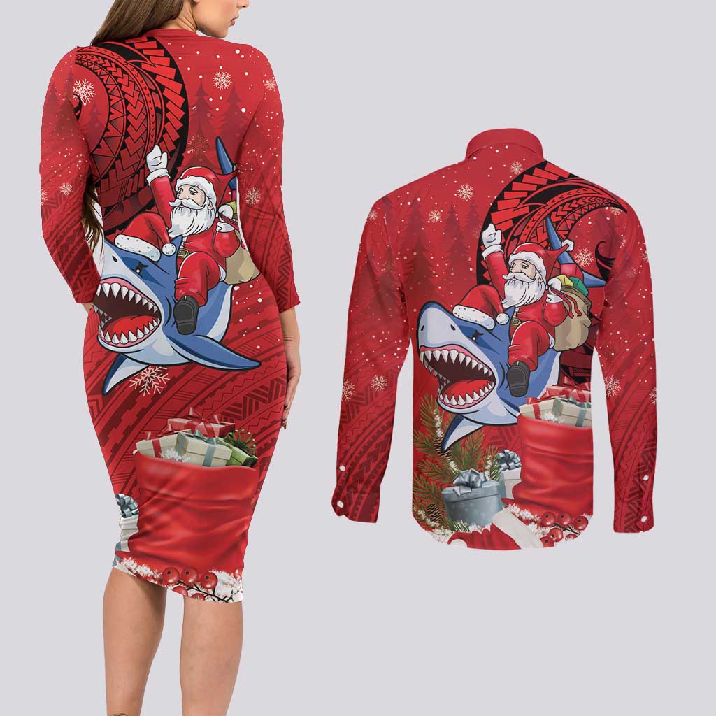 Funny Santa Riding Shark Couples Matching Long Sleeve Bodycon Dress and Long Sleeve Button Shirt Polynesian Tribal Christmas Spirit LT9 - Polynesian Pride