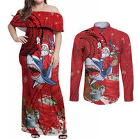 Funny Santa Riding Shark Couples Matching Off Shoulder Maxi Dress and Long Sleeve Button Shirt Polynesian Tribal Christmas Spirit LT9 Red - Polynesian Pride