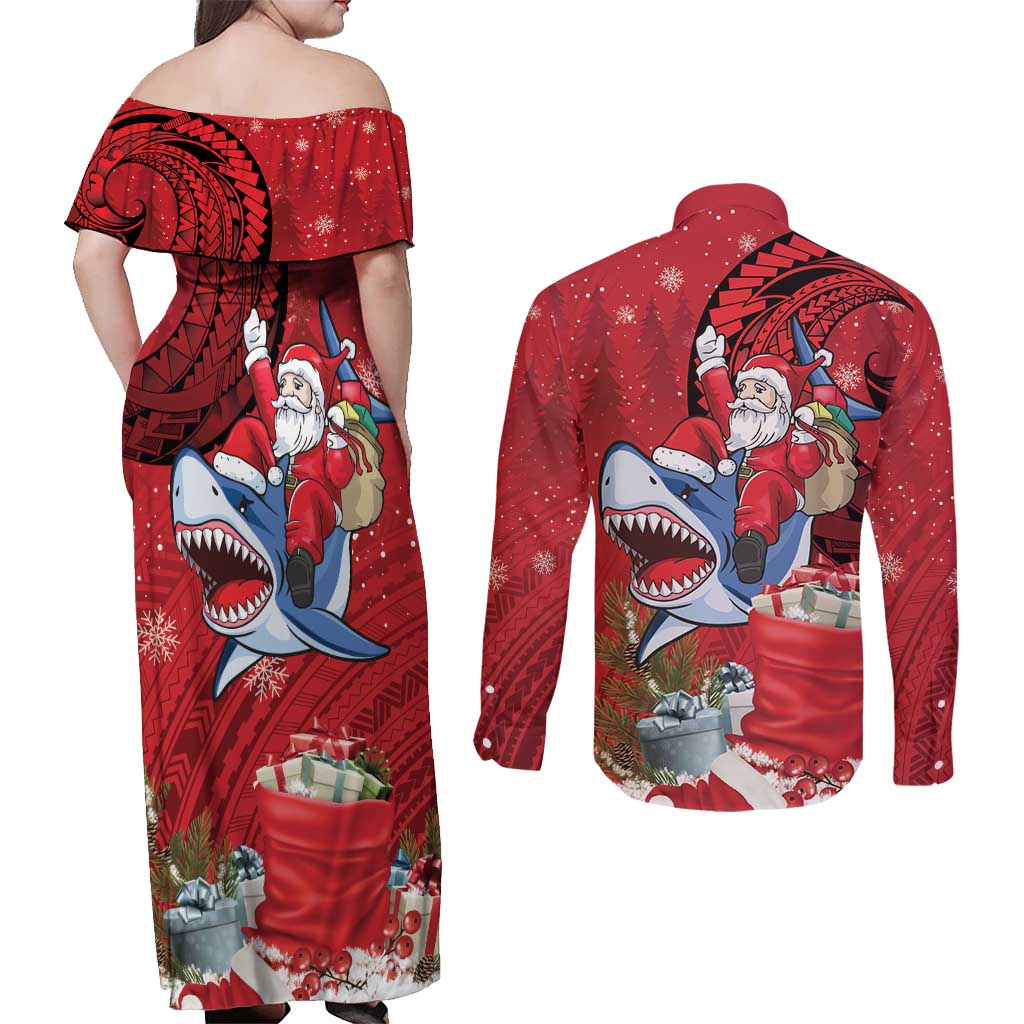 Funny Santa Riding Shark Couples Matching Off Shoulder Maxi Dress and Long Sleeve Button Shirt Polynesian Tribal Christmas Spirit LT9 - Polynesian Pride
