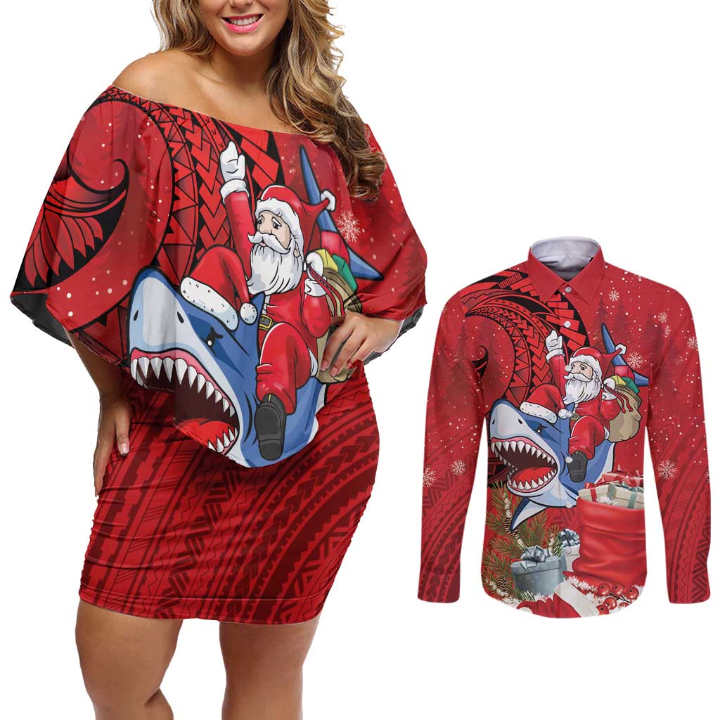 Funny Santa Riding Shark Couples Matching Off Shoulder Short Dress and Long Sleeve Button Shirt Polynesian Tribal Christmas Spirit LT9 Red - Polynesian Pride