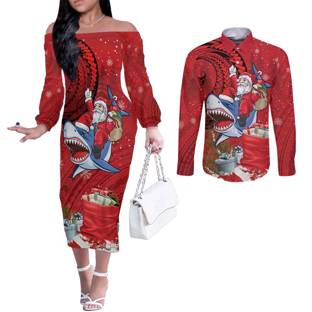Funny Santa Riding Shark Couples Matching Off The Shoulder Long Sleeve Dress and Long Sleeve Button Shirt Polynesian Tribal Christmas Spirit LT9 Red - Polynesian Pride