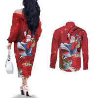 Funny Santa Riding Shark Couples Matching Off The Shoulder Long Sleeve Dress and Long Sleeve Button Shirt Polynesian Tribal Christmas Spirit LT9 - Polynesian Pride