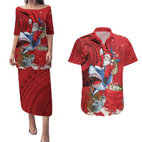 Funny Santa Riding Shark Couples Matching Puletasi and Hawaiian Shirt Polynesian Tribal Christmas Spirit LT9 Red - Polynesian Pride