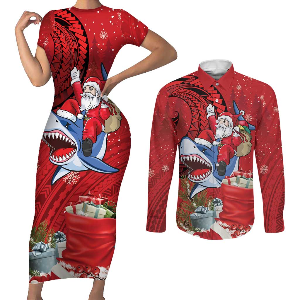 Funny Santa Riding Shark Couples Matching Short Sleeve Bodycon Dress and Long Sleeve Button Shirt Polynesian Tribal Christmas Spirit LT9 Red - Polynesian Pride