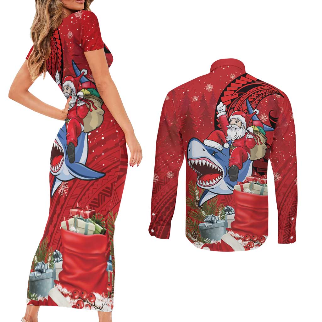 Funny Santa Riding Shark Couples Matching Short Sleeve Bodycon Dress and Long Sleeve Button Shirt Polynesian Tribal Christmas Spirit LT9 - Polynesian Pride