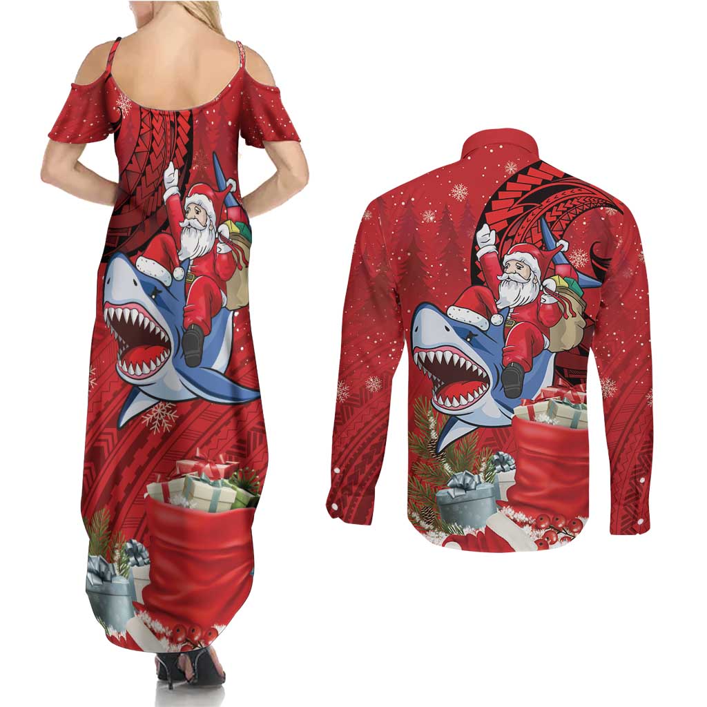 Funny Santa Riding Shark Couples Matching Summer Maxi Dress and Long Sleeve Button Shirt Polynesian Tribal Christmas Spirit LT9 - Polynesian Pride