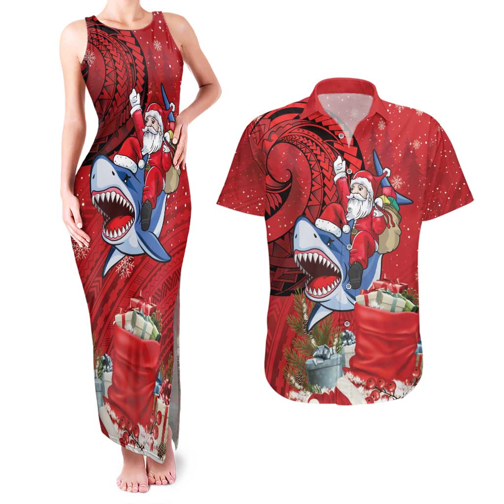 Funny Santa Riding Shark Couples Matching Tank Maxi Dress and Hawaiian Shirt Polynesian Tribal Christmas Spirit - Polynesian Pride