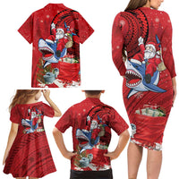 Funny Santa Riding Shark Family Matching Long Sleeve Bodycon Dress and Hawaiian Shirt Polynesian Tribal Christmas Spirit LT9 - Polynesian Pride