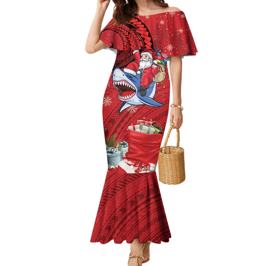 Funny Santa Riding Shark Family Matching Mermaid Dress and Hawaiian Shirt Polynesian Tribal Christmas Spirit LT9 Mom's Dress Red - Polynesian Pride