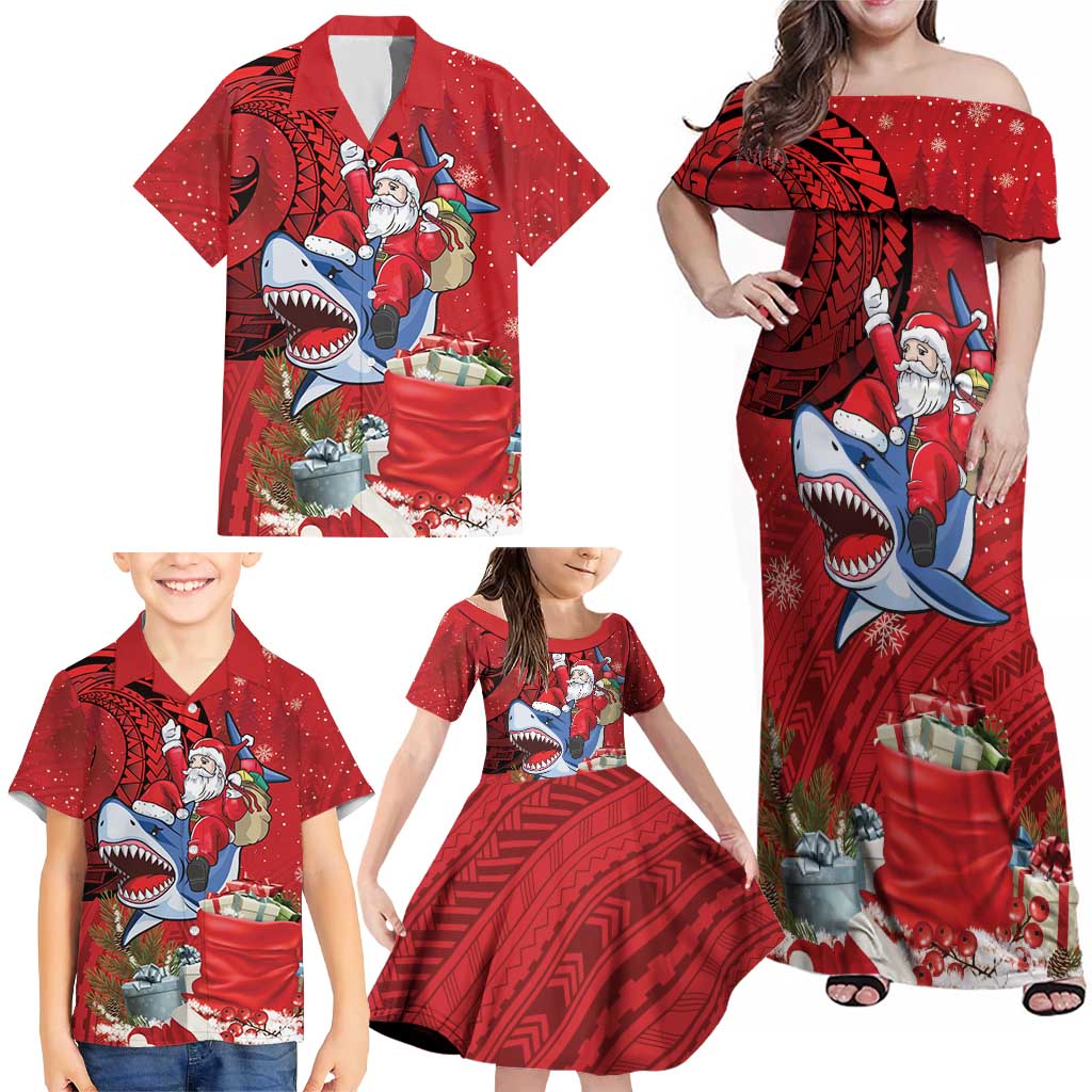 Funny Santa Riding Shark Family Matching Off Shoulder Maxi Dress and Hawaiian Shirt Polynesian Tribal Christmas Spirit LT9 - Polynesian Pride