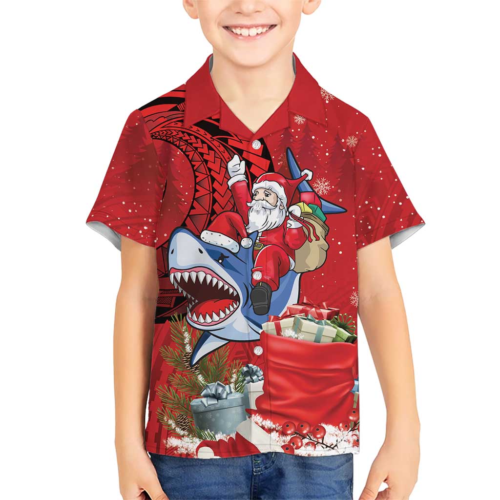 Funny Santa Riding Shark Family Matching Puletasi and Hawaiian Shirt Polynesian Tribal Christmas Spirit LT9 Son's Shirt Red - Polynesian Pride