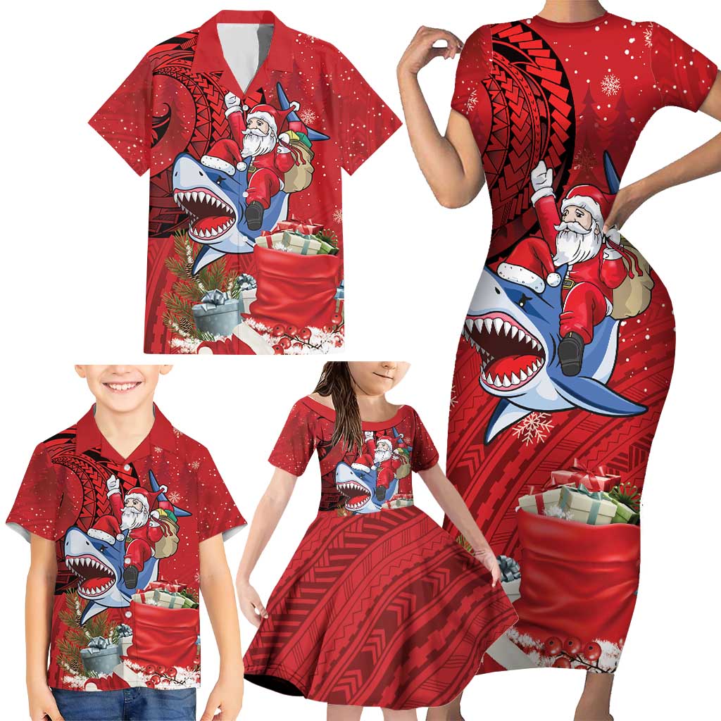 Funny Santa Riding Shark Family Matching Short Sleeve Bodycon Dress and Hawaiian Shirt Polynesian Tribal Christmas Spirit - Polynesian Pride