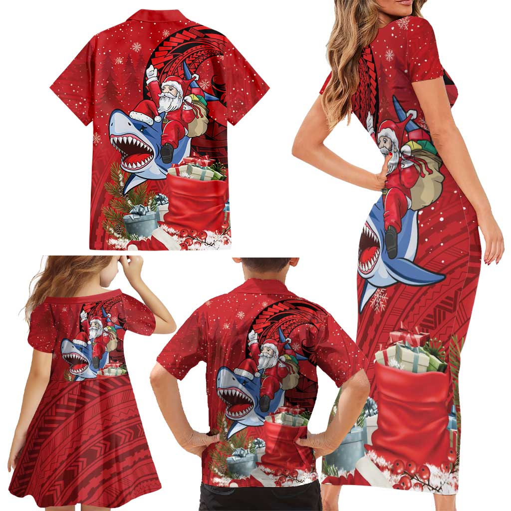 Funny Santa Riding Shark Family Matching Short Sleeve Bodycon Dress and Hawaiian Shirt Polynesian Tribal Christmas Spirit LT9 - Polynesian Pride