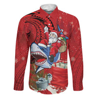 Funny Santa Riding Shark Family Matching Short Sleeve Bodycon Dress and Hawaiian Shirt Polynesian Tribal Christmas Spirit LT9 Dad's Shirt - Long Sleeve Red - Polynesian Pride