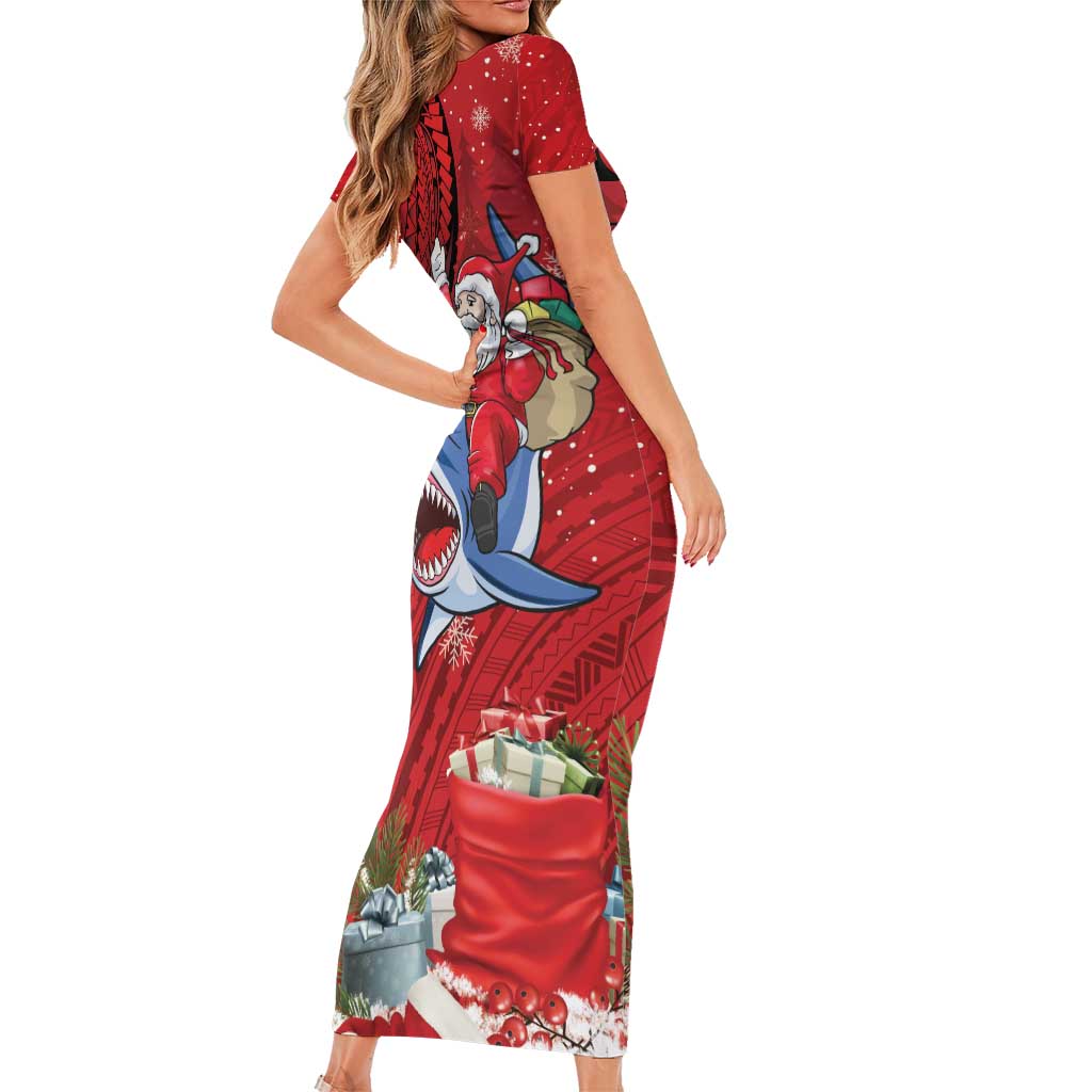 Funny Santa Riding Shark Family Matching Short Sleeve Bodycon Dress and Hawaiian Shirt Polynesian Tribal Christmas Spirit LT9 - Polynesian Pride