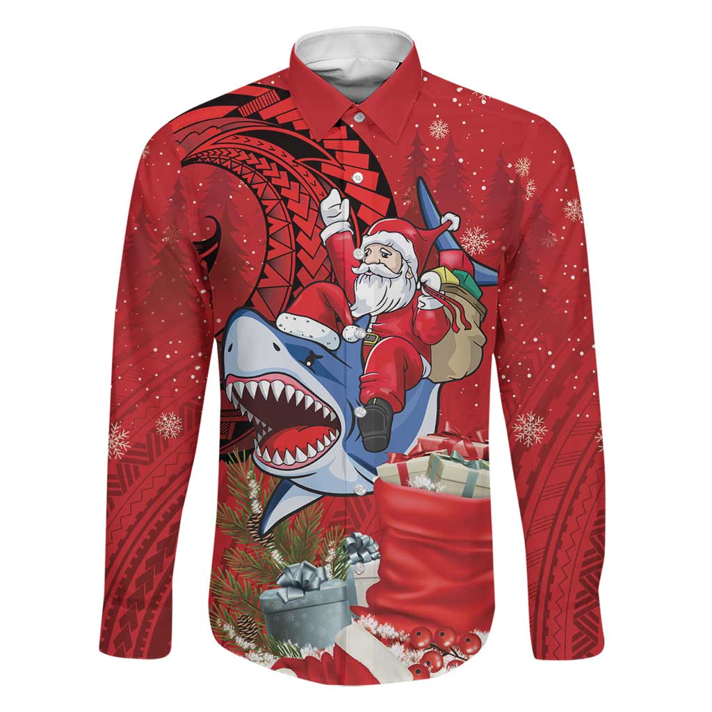 Funny Santa Riding Shark Family Matching Summer Maxi Dress and Hawaiian Shirt Polynesian Tribal Christmas Spirit LT9 Dad's Shirt - Long Sleeve Red - Polynesian Pride