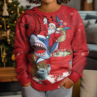 Funny Santa Riding Shark Kid Ugly Christmas Sweater Polynesian Tribal Christmas Spirit LT9 - Polynesian Pride