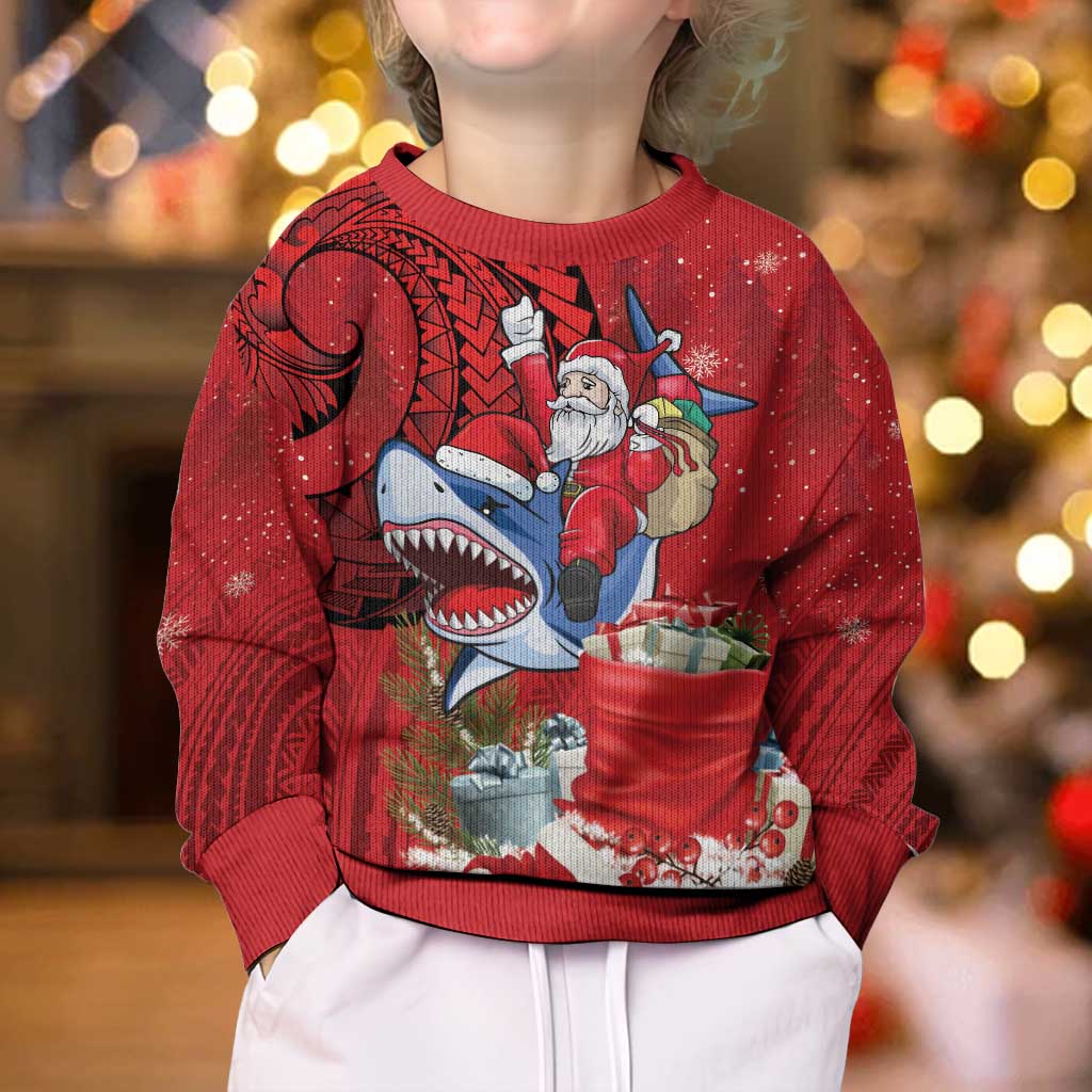 Funny Santa Riding Shark Kid Ugly Christmas Sweater Polynesian Tribal Christmas Spirit LT9 - Polynesian Pride