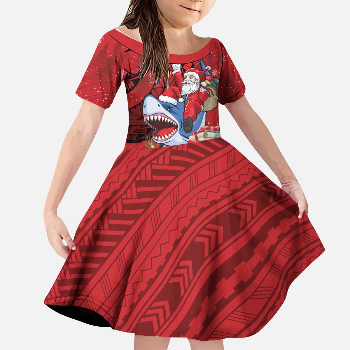 Funny Santa Riding Shark Kid Short Sleeve Dress Polynesian Tribal Christmas Spirit LT9 KID Red - Polynesian Pride
