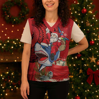 Funny Santa Riding Shark Christmas Knitted V-Neck Vest Polynesian Tribal Christmas Spirit LT9 - Polynesian Pride