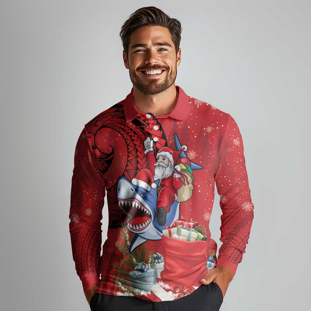 Funny Santa Riding Shark Long Sleeve Polo Shirt Polynesian Tribal Christmas Spirit LT9 - Polynesian Pride