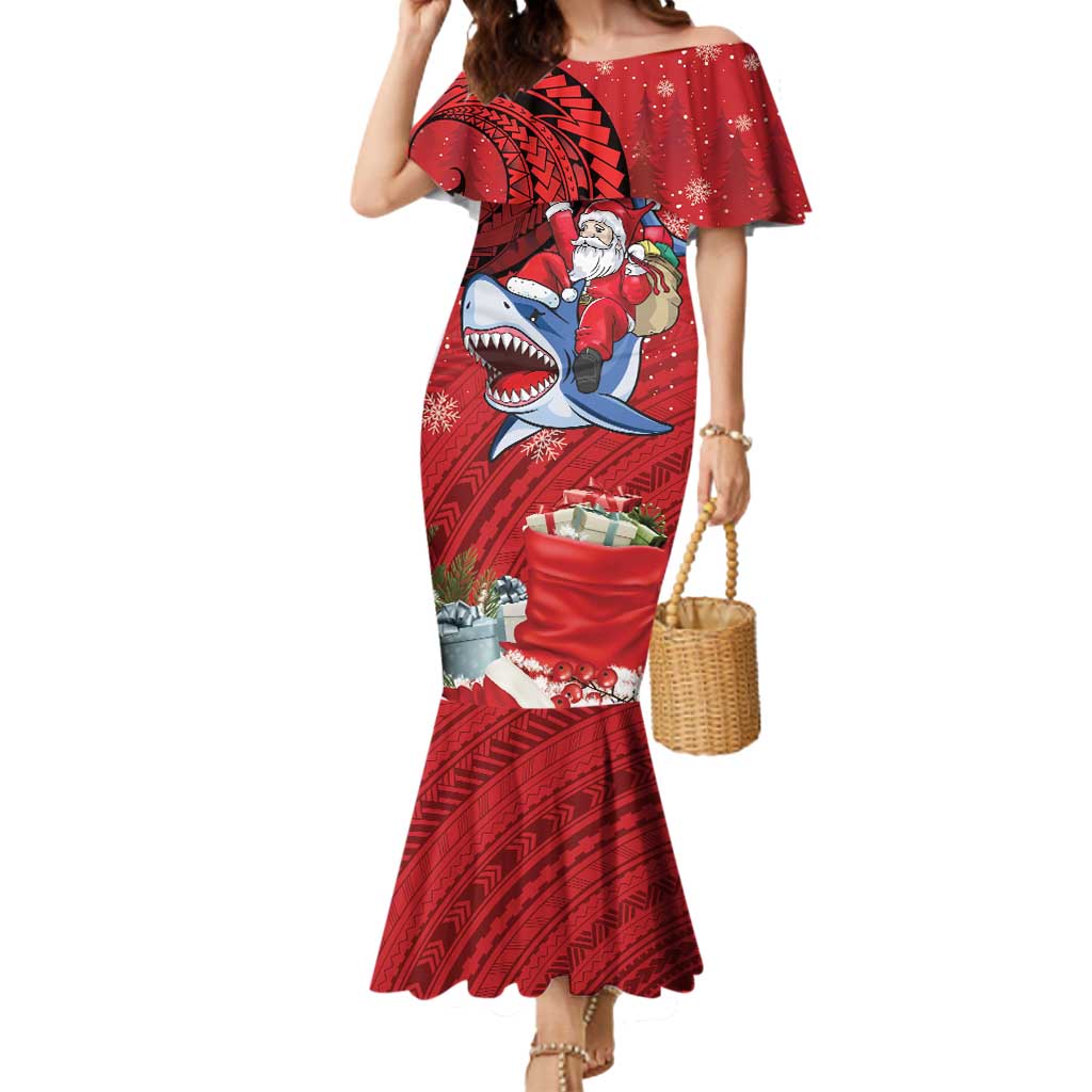 Funny Santa Riding Shark Mermaid Dress Polynesian Tribal Christmas Spirit LT9 Women Red - Polynesian Pride