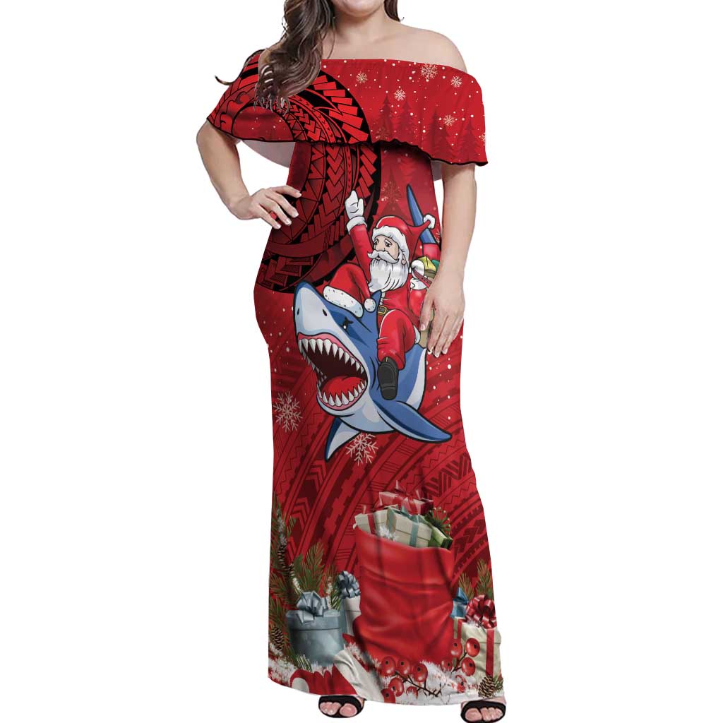 Funny Santa Riding Shark Off Shoulder Maxi Dress Polynesian Tribal Christmas Spirit LT9 Women Red - Polynesian Pride