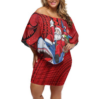 Funny Santa Riding Shark Off Shoulder Short Dress Polynesian Tribal Christmas Spirit LT9 Women Red - Polynesian Pride