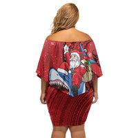 Funny Santa Riding Shark Off Shoulder Short Dress Polynesian Tribal Christmas Spirit LT9 - Polynesian Pride