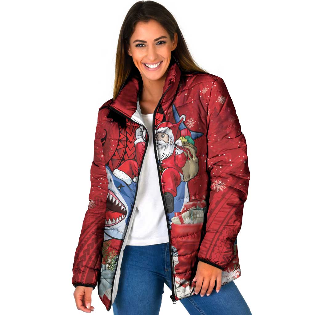Funny Santa Riding Shark Padded Jacket Polynesian Tribal Christmas Spirit - Polynesian Pride