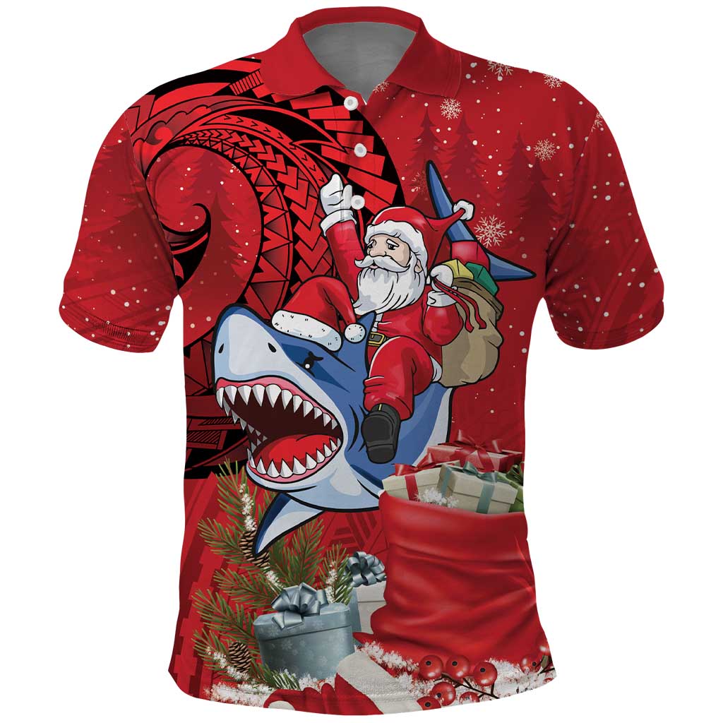 Funny Santa Riding Shark Polo Shirt Polynesian Tribal Christmas Spirit LT9 Red - Polynesian Pride