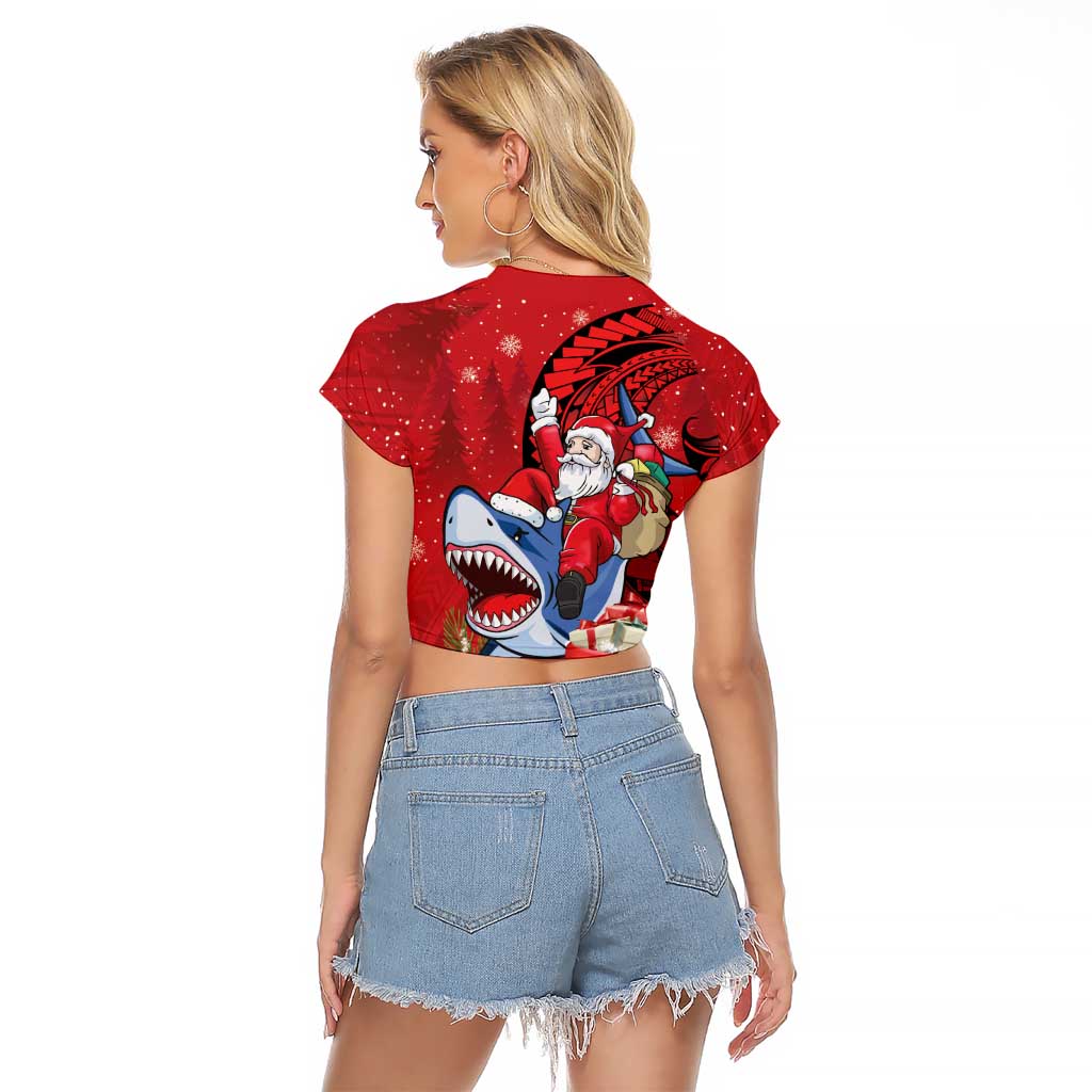 Funny Santa Riding Shark Raglan Cropped T Shirt Polynesian Tribal Christmas Spirit LT9 - Polynesian Pride