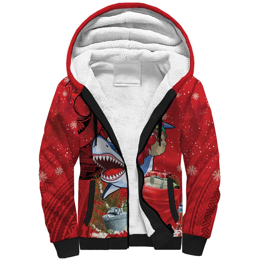 Funny Santa Riding Shark Sherpa Hoodie Polynesian Tribal Christmas Spirit LT9 Unisex Red - Polynesian Pride