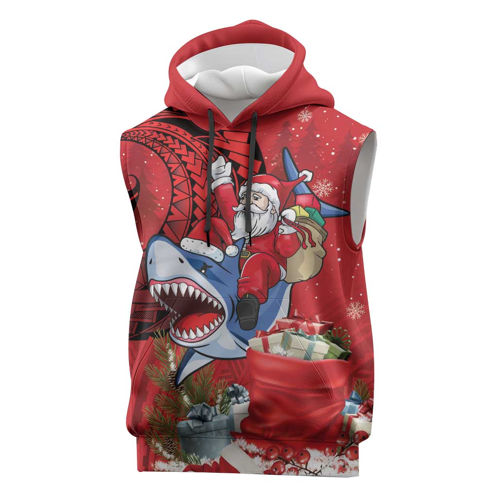 Funny Santa Riding Shark Sleeveless Hoodie Polynesian Tribal Christmas Spirit LT9 Red - Polynesian Pride
