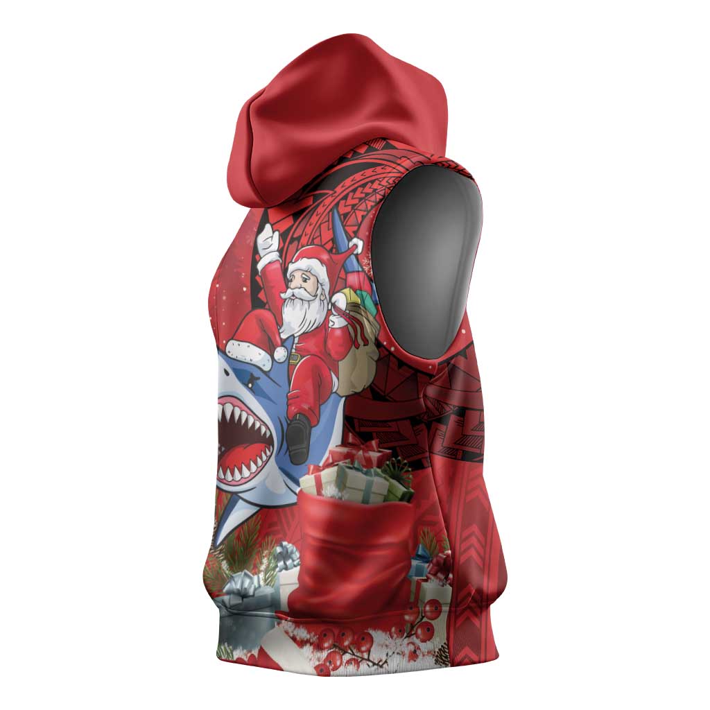 Funny Santa Riding Shark Sleeveless Hoodie Polynesian Tribal Christmas Spirit LT9 - Polynesian Pride