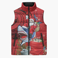Funny Santa Riding Shark Sleeveless Puffer Jacket Polynesian Tribal Christmas Spirit LT9 Unisex Red - Polynesian Pride