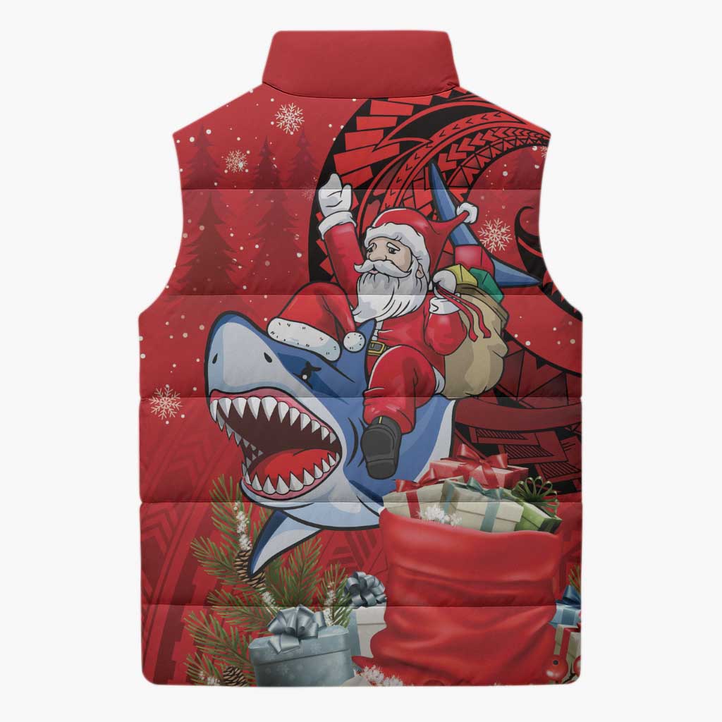 Funny Santa Riding Shark Sleeveless Puffer Jacket Polynesian Tribal Christmas Spirit LT9 - Polynesian Pride