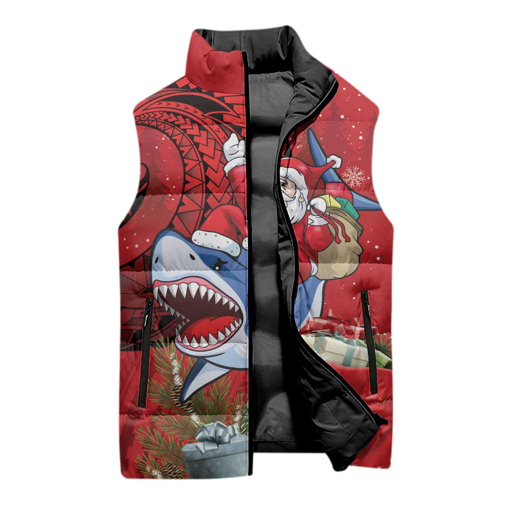 Funny Santa Riding Shark Sleeveless Puffer Jacket Polynesian Tribal Christmas Spirit LT9 - Polynesian Pride
