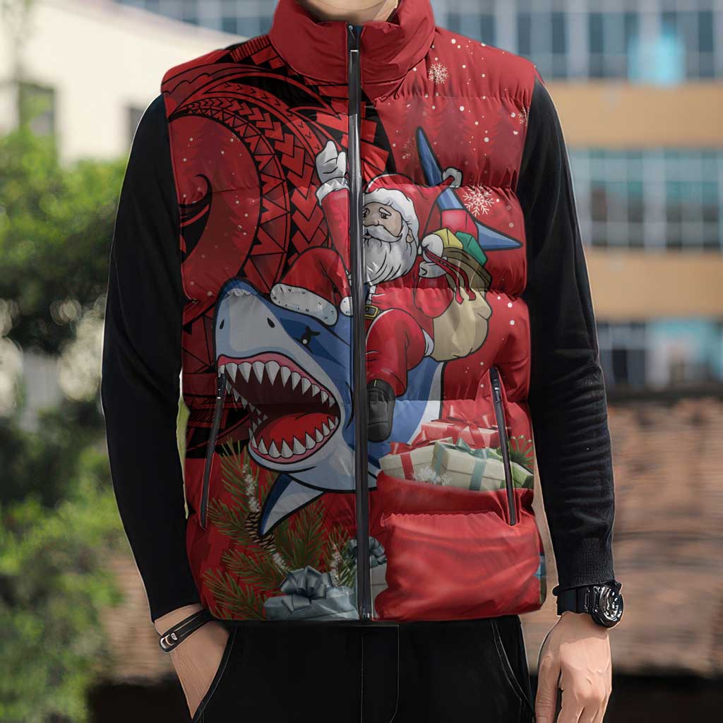 Funny Santa Riding Shark Sleeveless Puffer Jacket Polynesian Tribal Christmas Spirit LT9 - Polynesian Pride