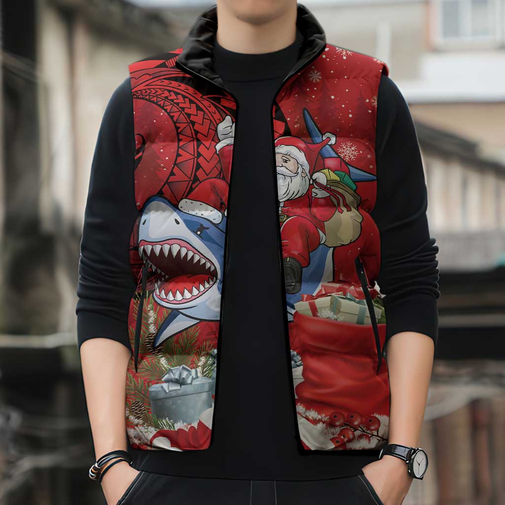 Funny Santa Riding Shark Sleeveless Puffer Jacket Polynesian Tribal Christmas Spirit LT9 - Polynesian Pride