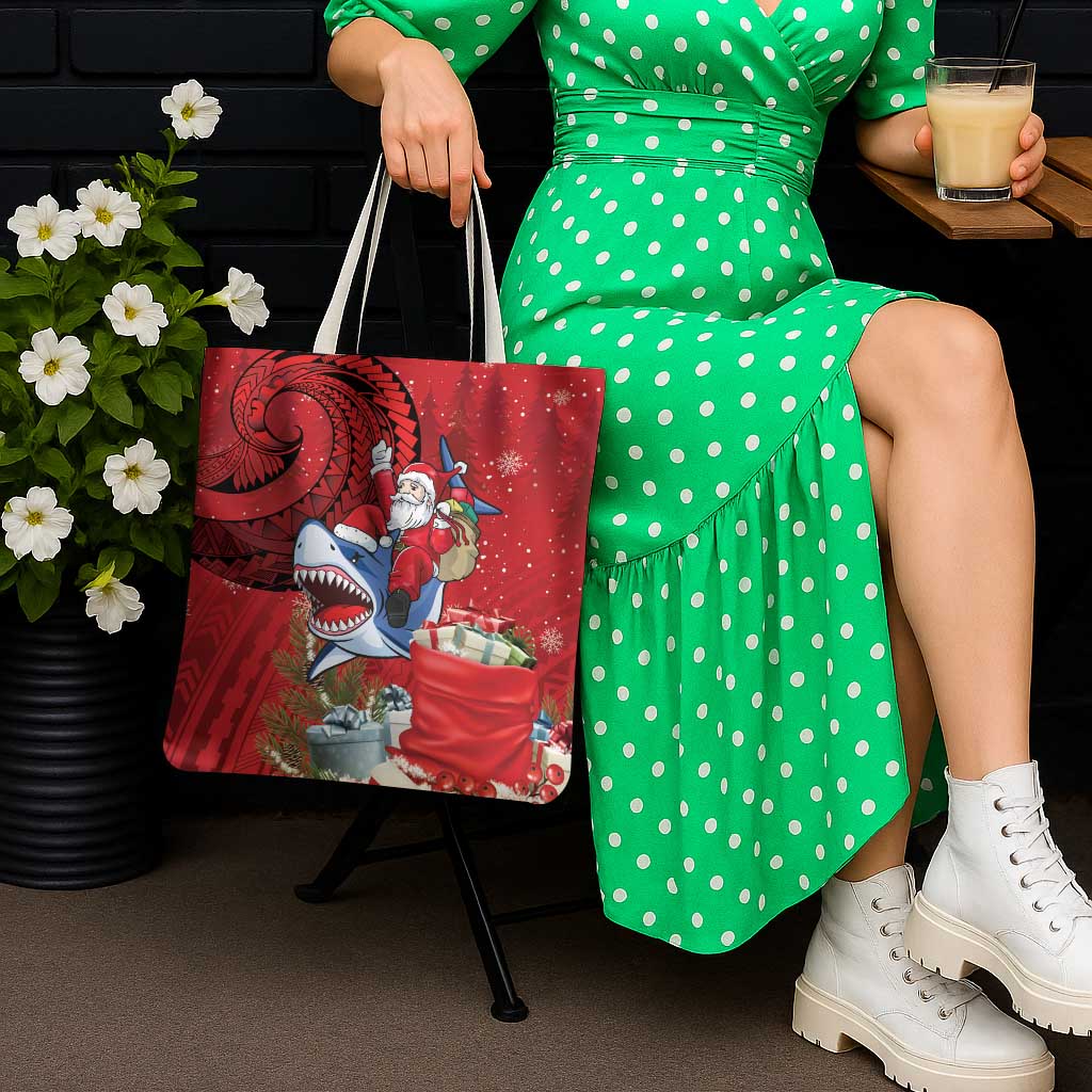 Funny Santa Riding Shark Tote Bag Polynesian Tribal Christmas Spirit - Polynesian Pride
