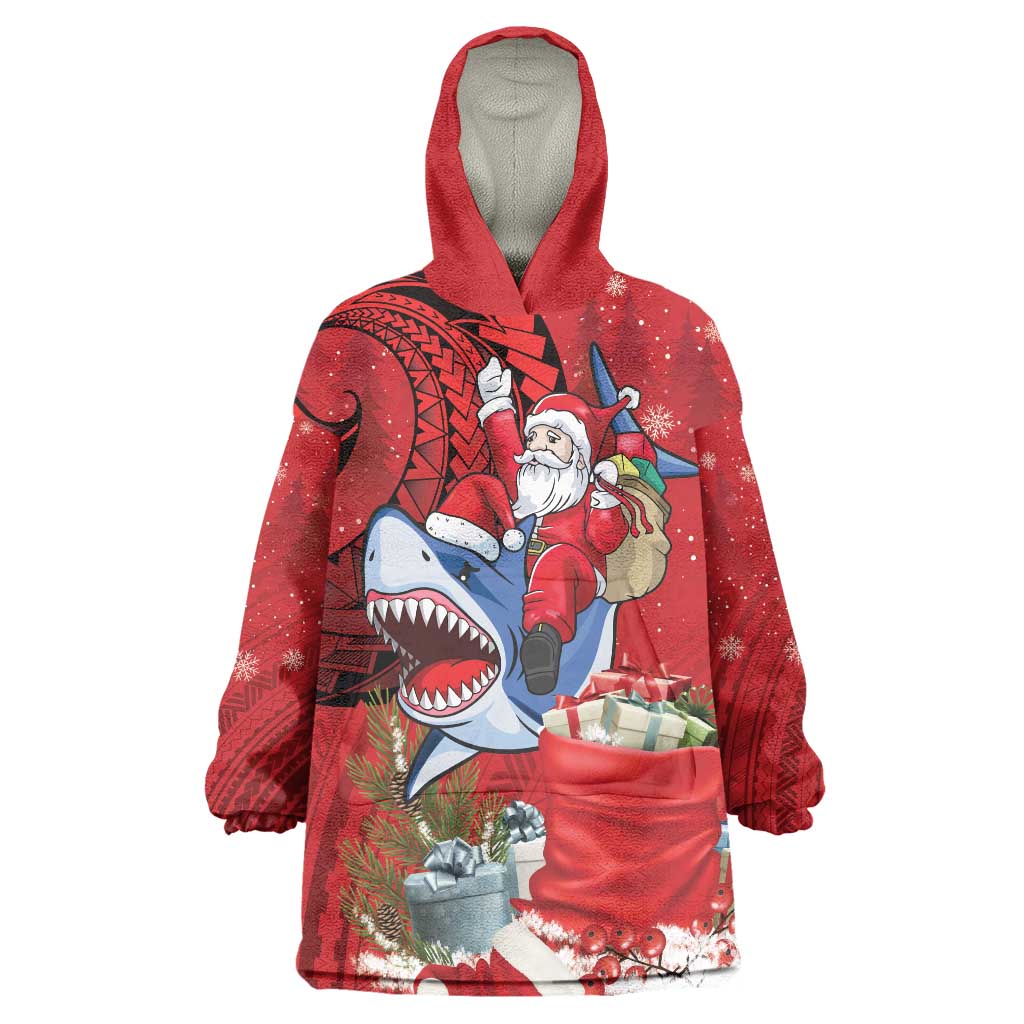 Funny Santa Riding Shark Wearable Blanket Hoodie Polynesian Tribal Christmas Spirit LT9 One Size Red - Polynesian Pride