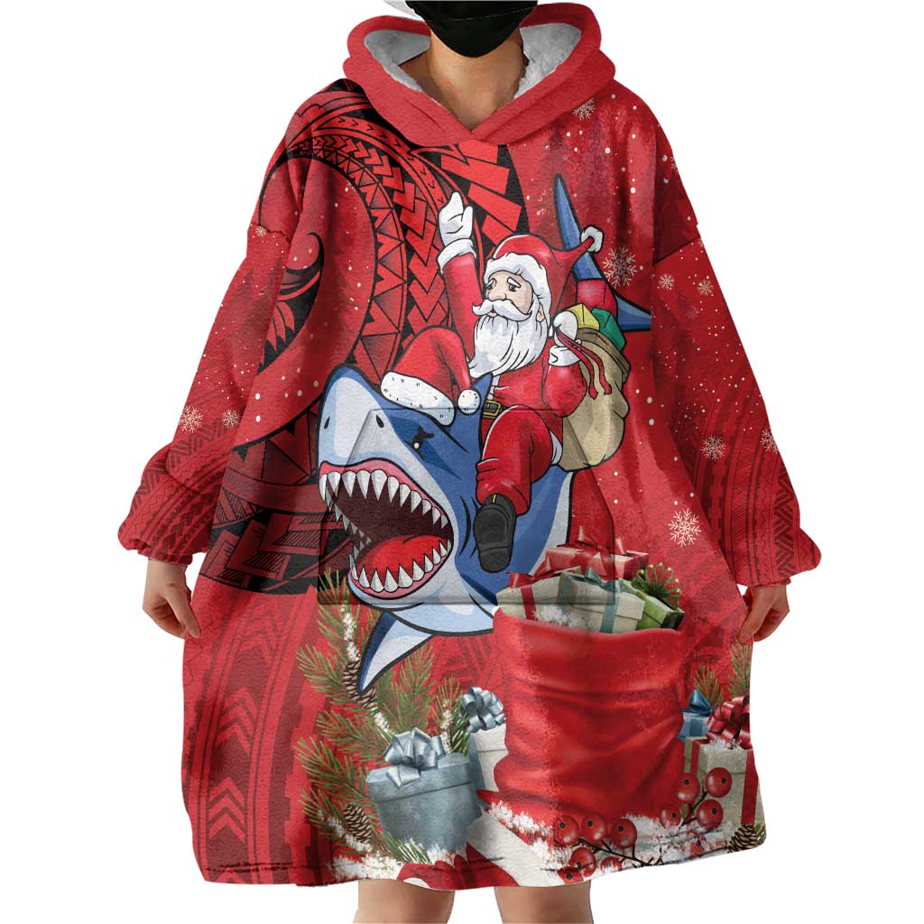 Funny Santa Riding Shark Wearable Blanket Hoodie Polynesian Tribal Christmas Spirit LT9 - Polynesian Pride