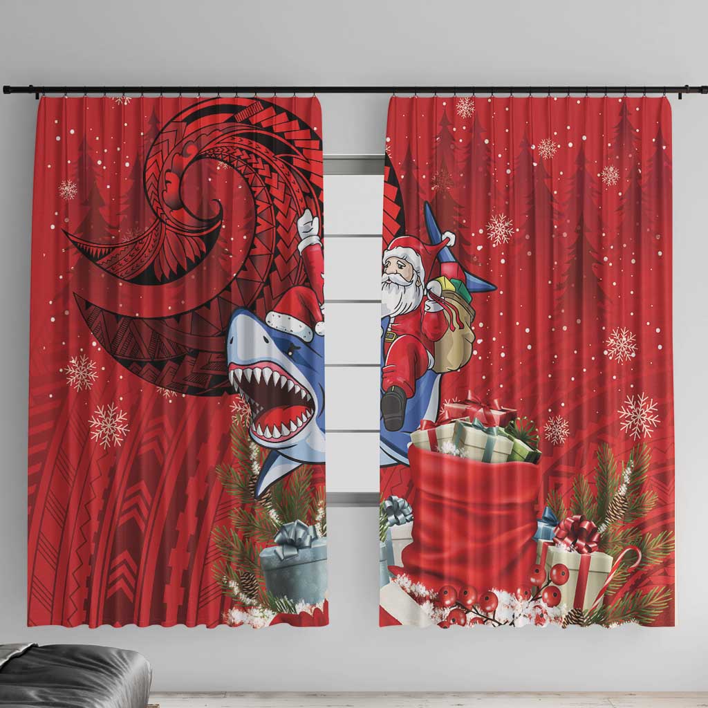 Funny Santa Riding Shark Window Curtain Polynesian Tribal Christmas Spirit LT9 With Hooks Red - Polynesian Pride
