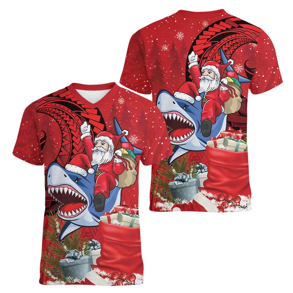Funny Santa Riding Shark Women V-Neck T-Shirt Polynesian Tribal Christmas Spirit LT9 - Polynesian Pride