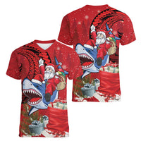 Funny Santa Riding Shark Women V-Neck T-Shirt Polynesian Tribal Christmas Spirit LT9 - Polynesian Pride