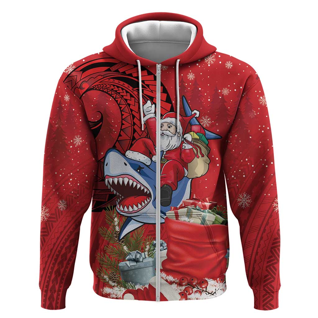 Funny Santa Riding Shark Zip Hoodie Polynesian Tribal Christmas Spirit LT9 Zip Hoodie Red - Polynesian Pride