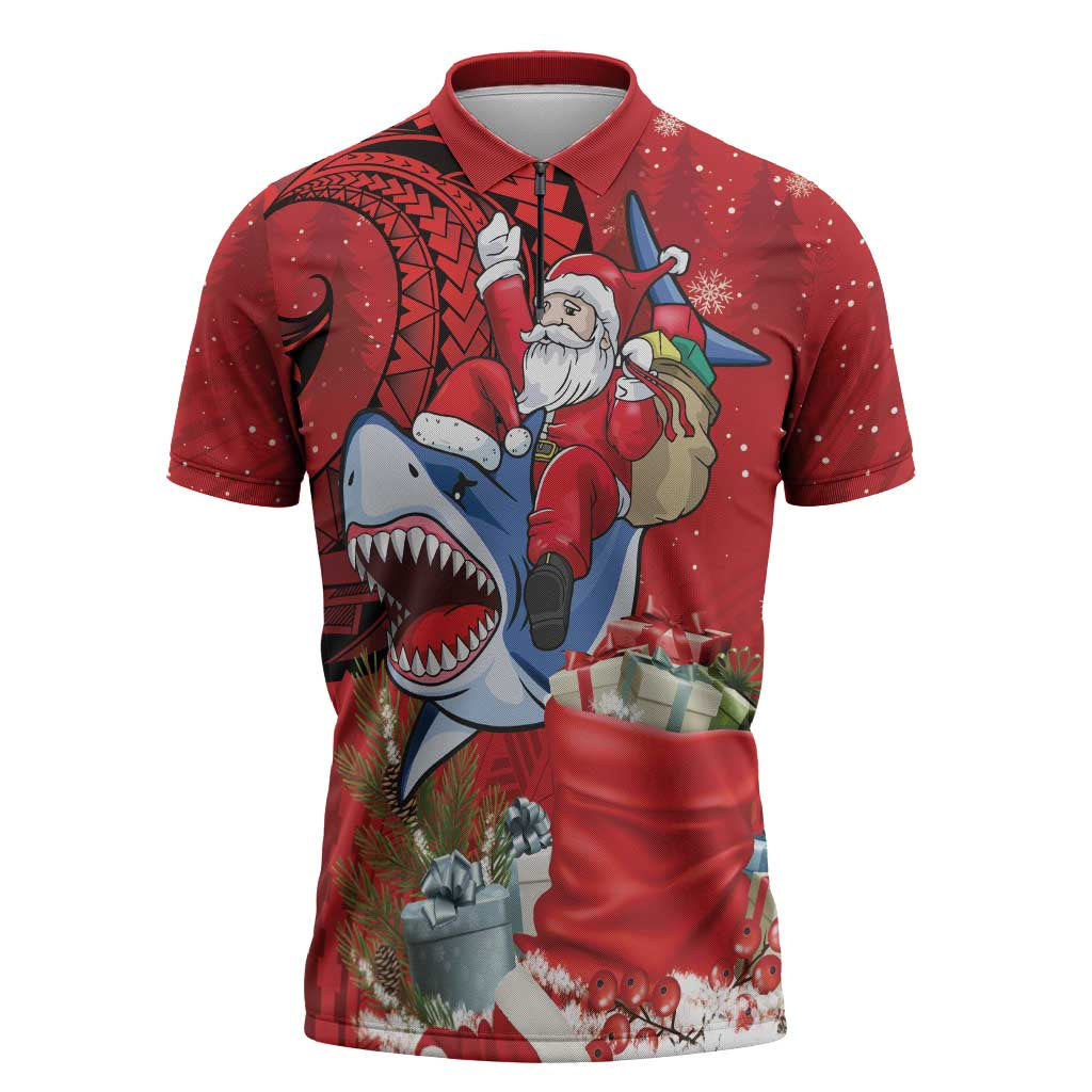 Funny Santa Riding Shark Zipper Polo Shirt Polynesian Tribal Christmas Spirit LT9 Red - Polynesian Pride